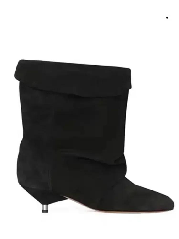 Новые женские европейские и американские остроносые плиссированные ботильоны до икры с бахромой на тонком каблуке 5 см, рыцарские сапоги, ботинки средней длины больших размеров