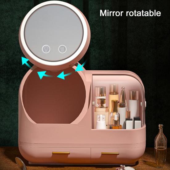 Yousheng Dustproof Makeup Storage Box with LED Mirror Large Capacity Multiple Compartments Countertop Makeup Storage Organizer