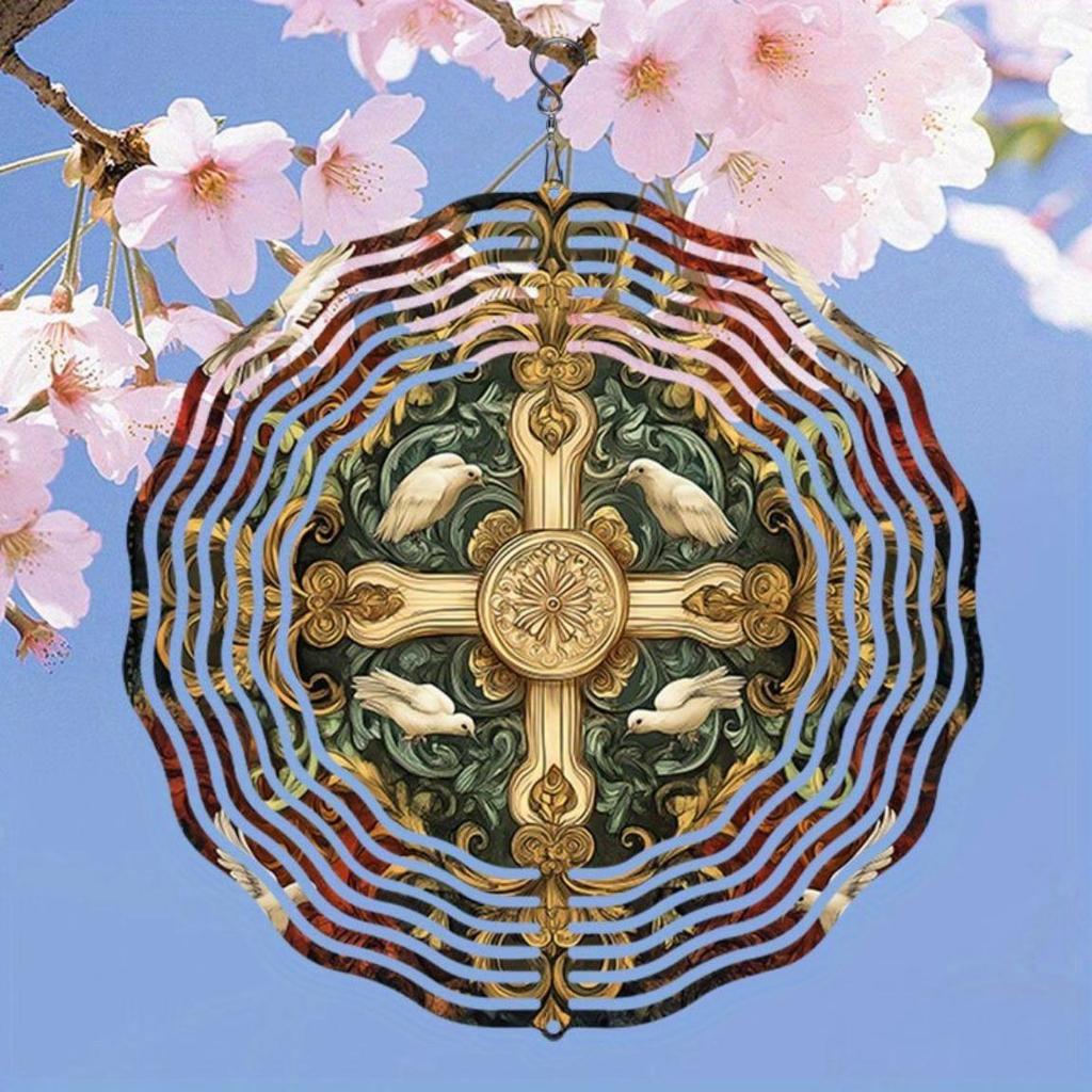 3D Peace Dove Cross Wind Spinner Kinetic Motion Metal Garden Wind Chime Golden Accents Outdoor Indoor Decorative Ornament for Patio Yard Home Unique