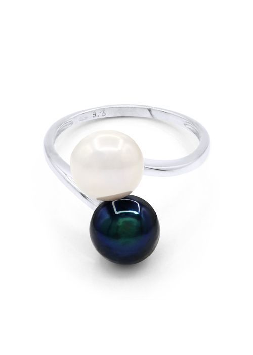 Bague - Pearls & Colors - Véritables Perles d'Eau Douce 7-8 mm - Or Blanc 375/1000 - Blanc Naturel & Noir Tahiti