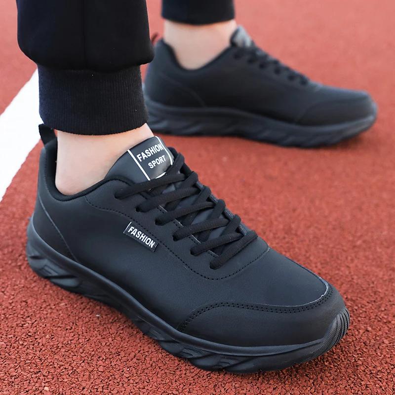 Men's Running Shoes Black PU Upper Flat and Comfortable Walking Shoes Lightweight and Wide Footed Casual Sports Leather Shoes