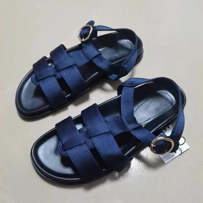 Женские босоножки с широким ремешком и пряжкой, чернильно-синие, с круглым носком, с открытым носком, летние повседневные сандалии на плоской подошве, шикарные римские сандалии на плоской подошве