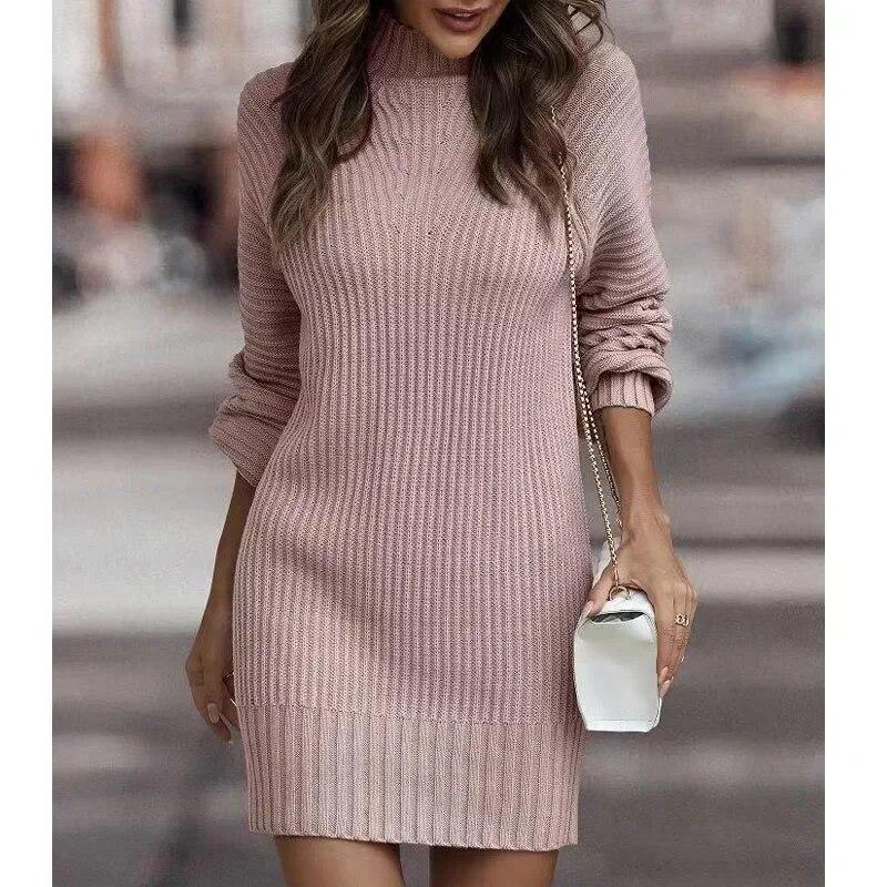 Casual Solid Turtleneck Sweater Dress Winter Knitted Long Sleeve Knitwear Dress Fashion Office-lady Clothing 29885