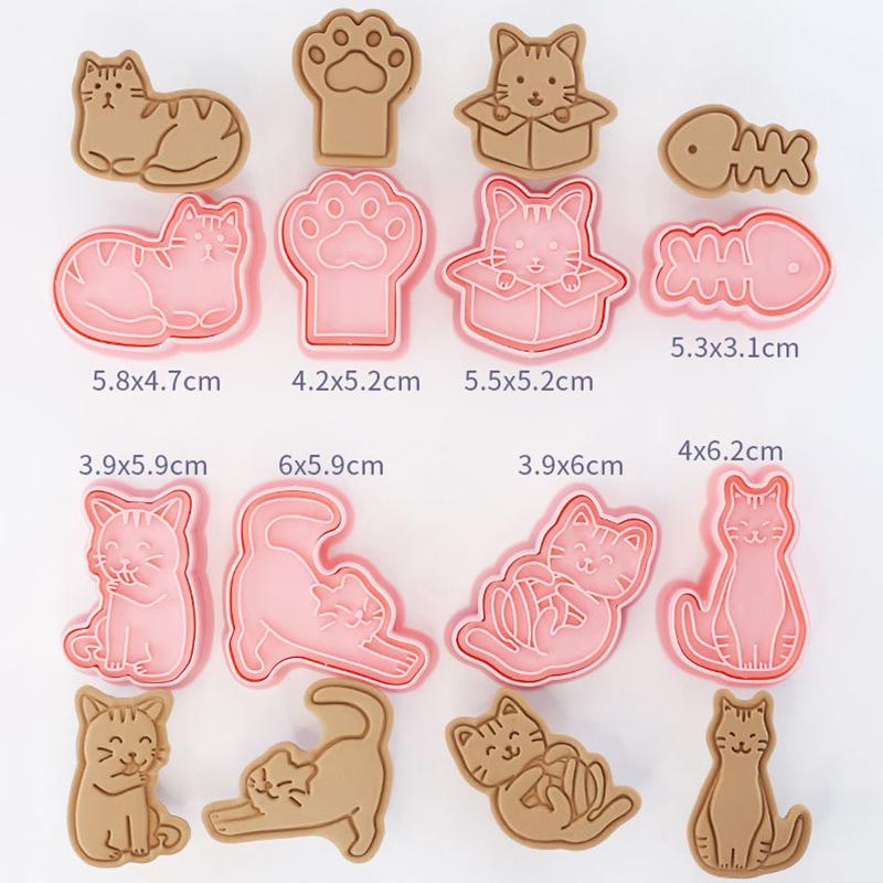 8Pcs/Set Cat Cookie Cutters Plastic 3D Cartoon Pressable Biscuit Mold Cookie Stamp Kitchen Baking Pastry Bakeware Tool