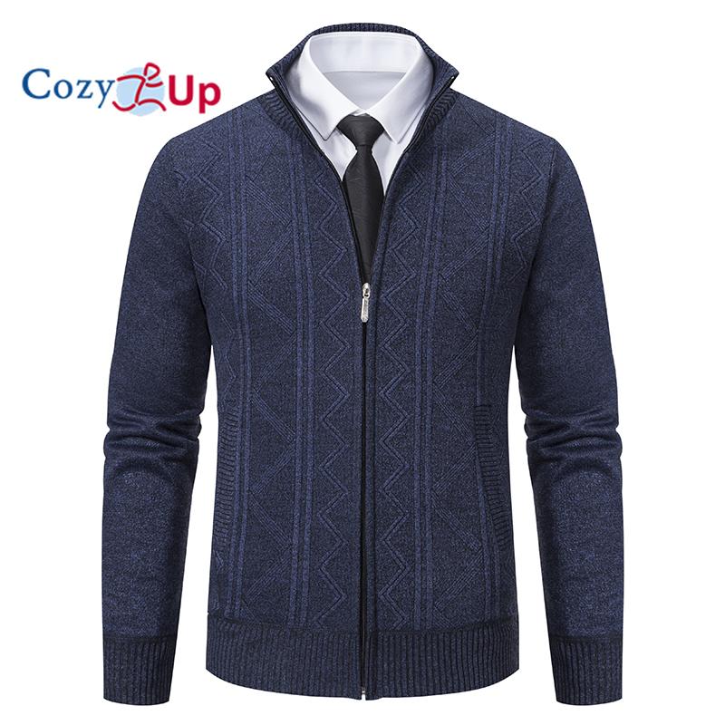 Cozy Up Мужской свитер-кардиган с полной молнией, облегающий вязаный свитер на молнии с карманами