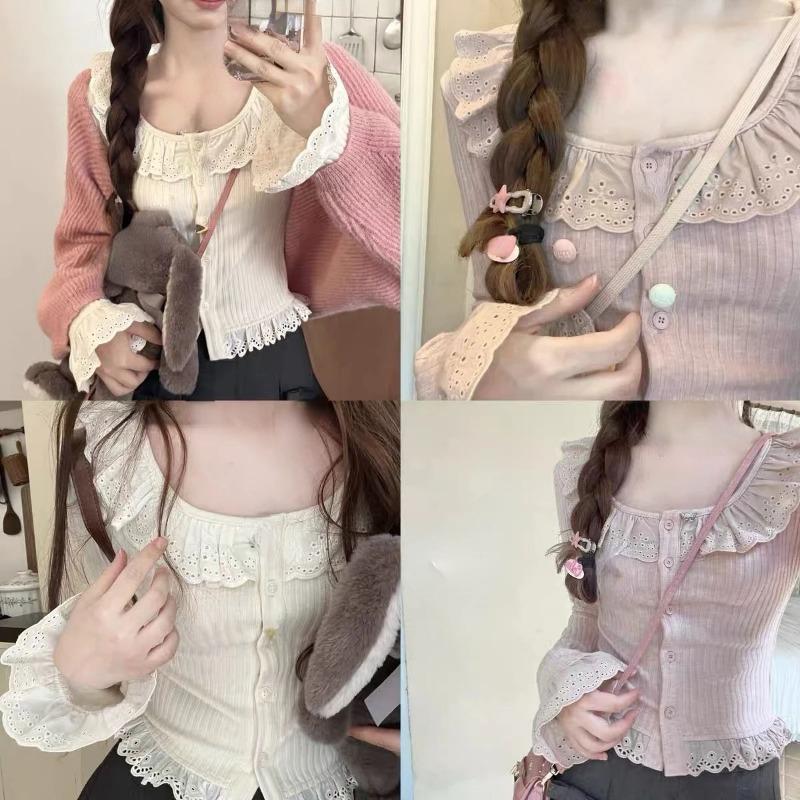 Новый вязаный кардиган Kawaii Lolita для женщин, японский сладкий кружевной свитер, пальто, женский повседневный корейский шик, тонкий, элегантный трикотажный топ