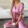 Women's Satin Short Sleeve Top and Long Pants Casual Comfort Pajama Loungewear with Heart Print Lounge Set Nightwear
