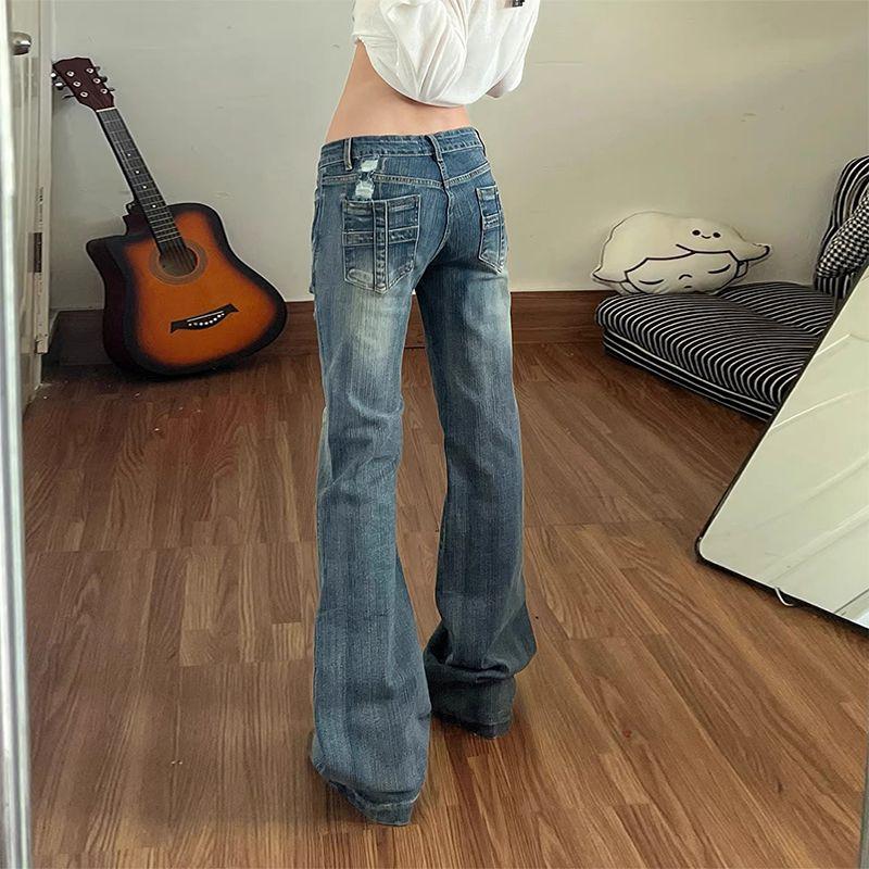 New retro ripped and old design jeans women's American low-rise and thin Spice Girl versatile horn trousers
