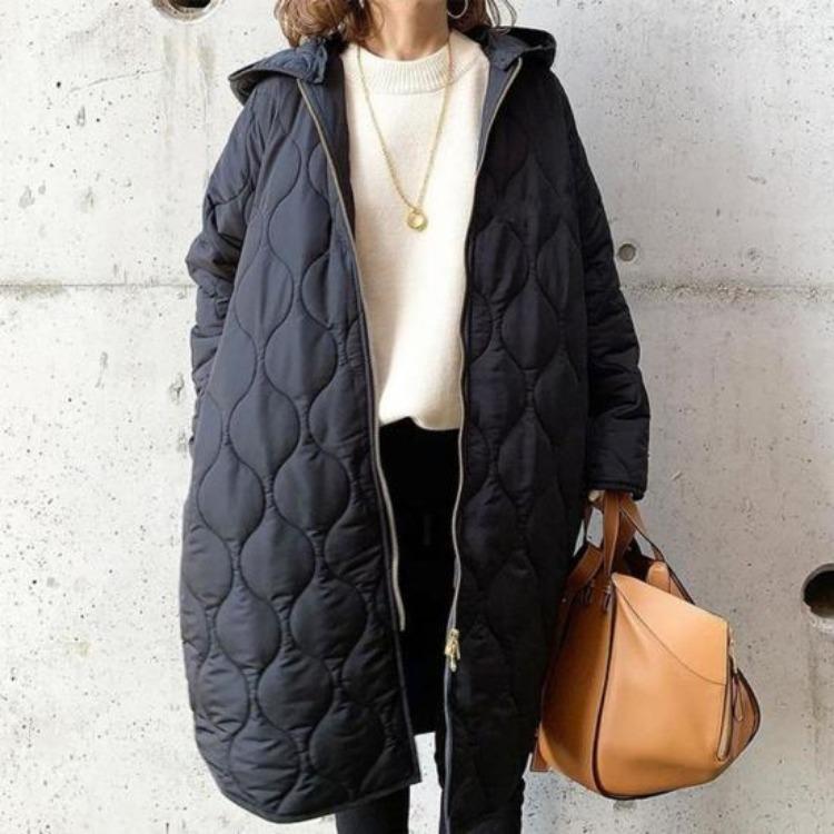 Women's Down Coats - Winter Women Jacket Hooded Mid Length Coat Loose Rhombus Texture Thin Padded Zip Up Long Sleeves For Work School Daily Fall