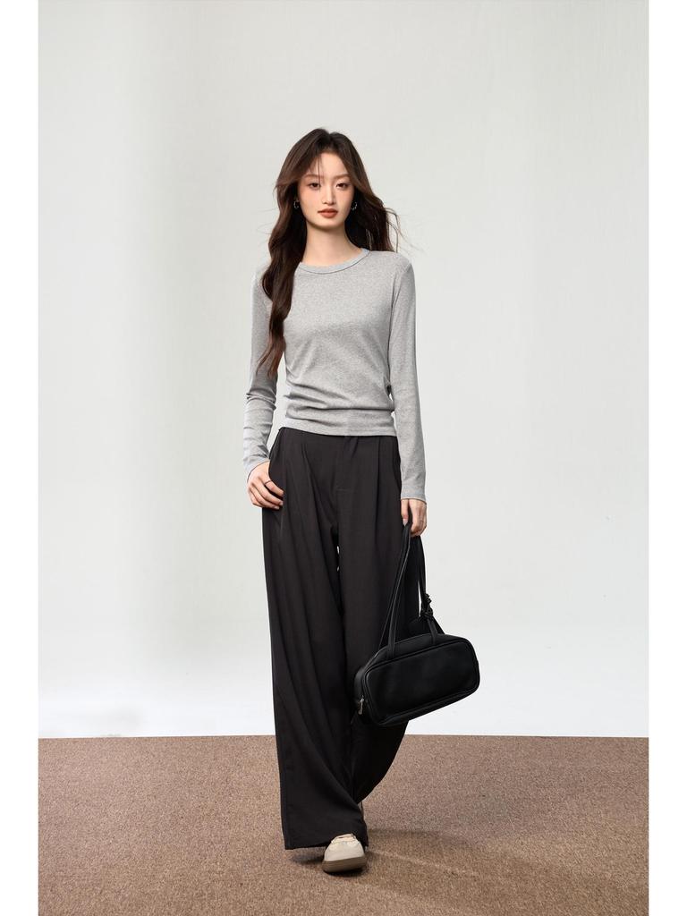 Женская футболка с длинным рукавом Осень 2025: Гребенной хлопок, Универсальный дизайн с открытой строчкой, Простой круглый вырез.