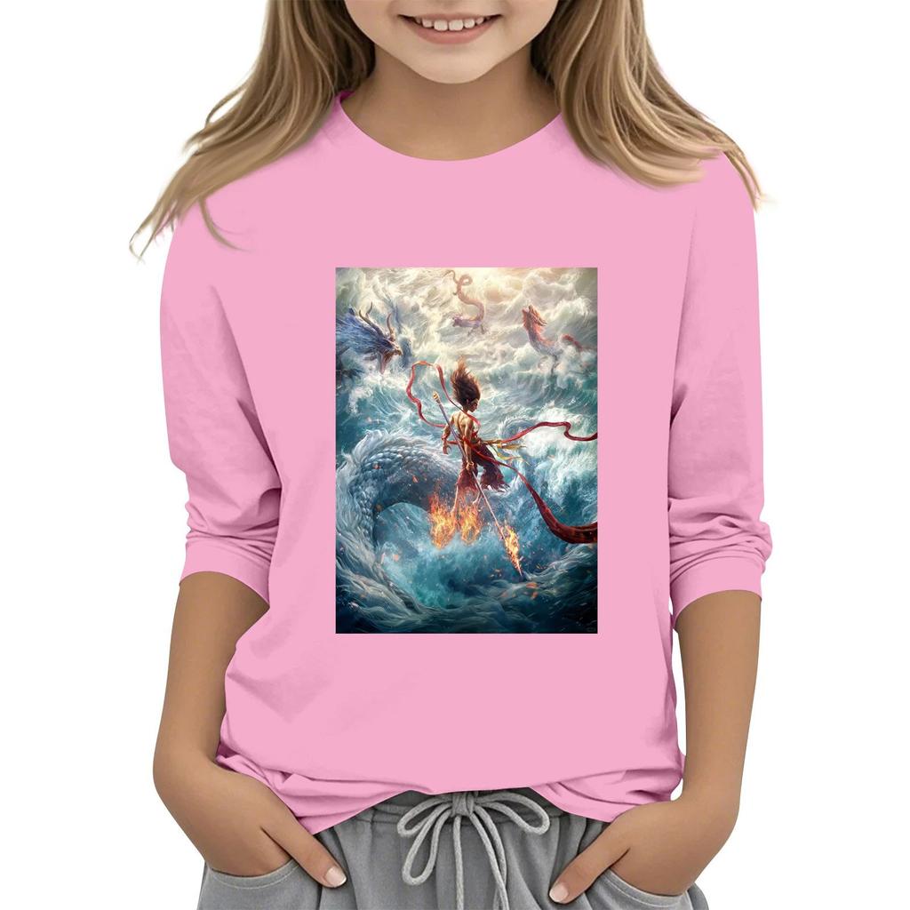 Топы с принтом для девочек 5-16 лет с круглым вырезом и рукавами 3/4 Футболки Модные топы Наряды Футболки