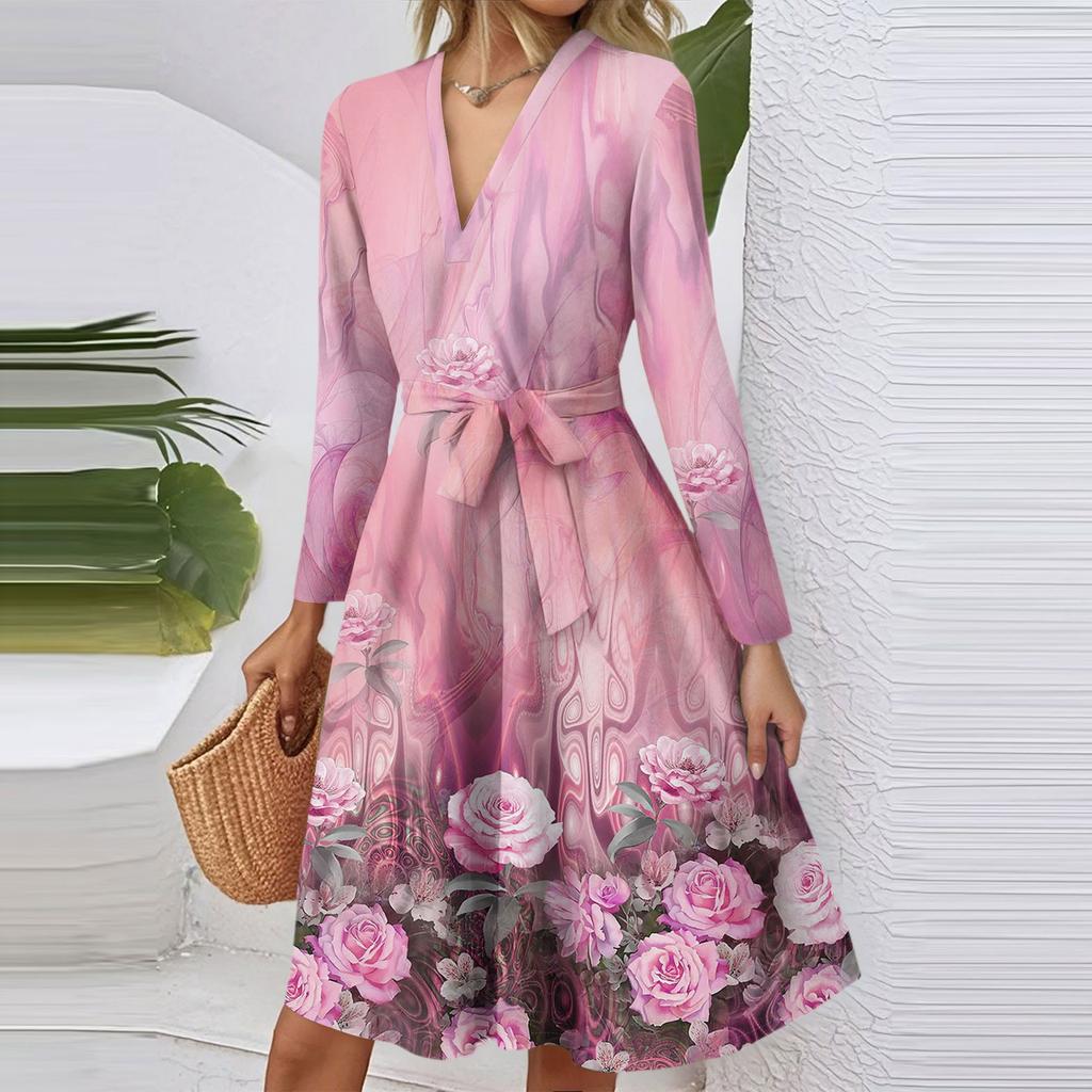 Women's Fashion Casual V-Neck Long Sleeve Waist Floral Print Midi Dress