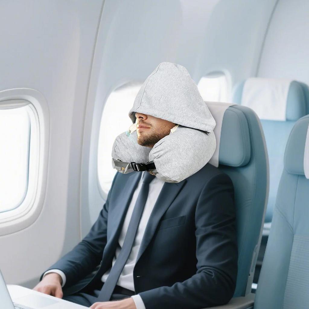 Neck Pillow Airplane Stuffable Travel Neck Pillow with Hood Fillable Storage Bag for Sleeping Home Car Plane Hotel Camping