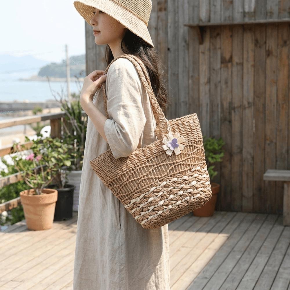 Large Capacity Shoulder Beach Bag Woven Texture Handwoven Bag Straw Woven Bag Casual Outing