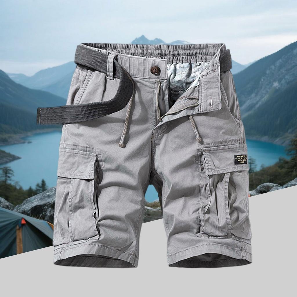 Men's Vintage Cotton Cargo Shorts - Multi-Pocket Zippered Elastic Waistband Pre-Washed Military