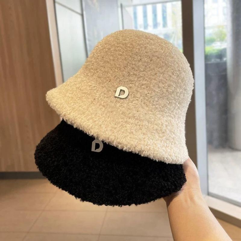 Lamb wool bucket hat women's winter face small thermal basin hat casual versatile short brim plush fisherman hat