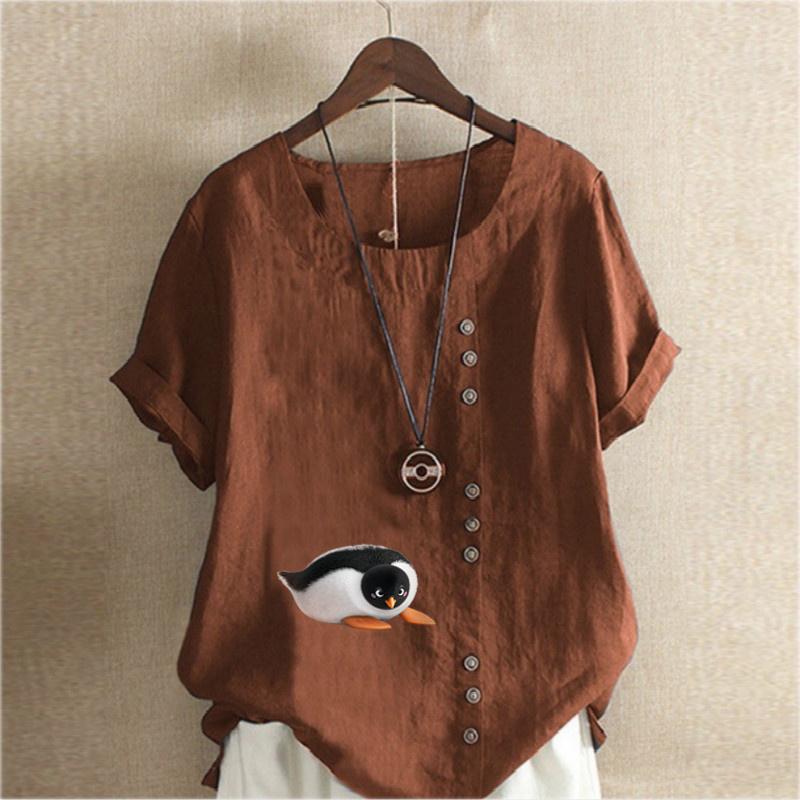 Women's Fashion Penguin Prined Round Neck Short Sleeve T-shirt Casual Cotton Linen Graphic Shirt Leisure Loose Summer Blouse Tops