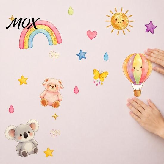Watercolor Cartoon Wall Stickers Koala & Bear Stickers, Animals Decals with Rainbow Hot Air Balloon Self Adhesive Art Patterns, PVC Waterproof