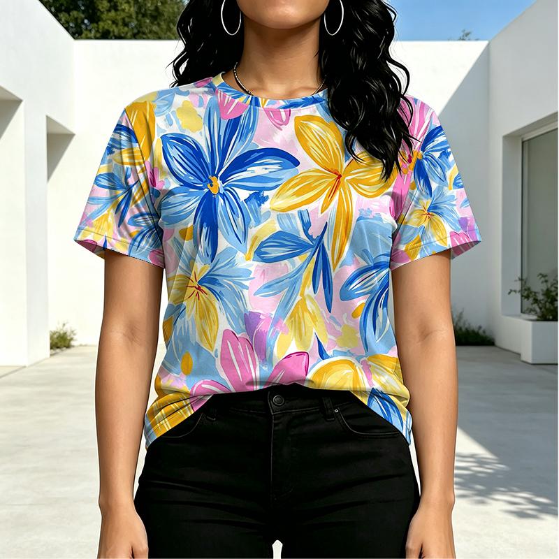Women's Summer Short Sleeve Top Light Elegant Floral Tee, Soft Skin-friendly Fabric, Versatile for Commute, City Walks & Daily Casual Wear