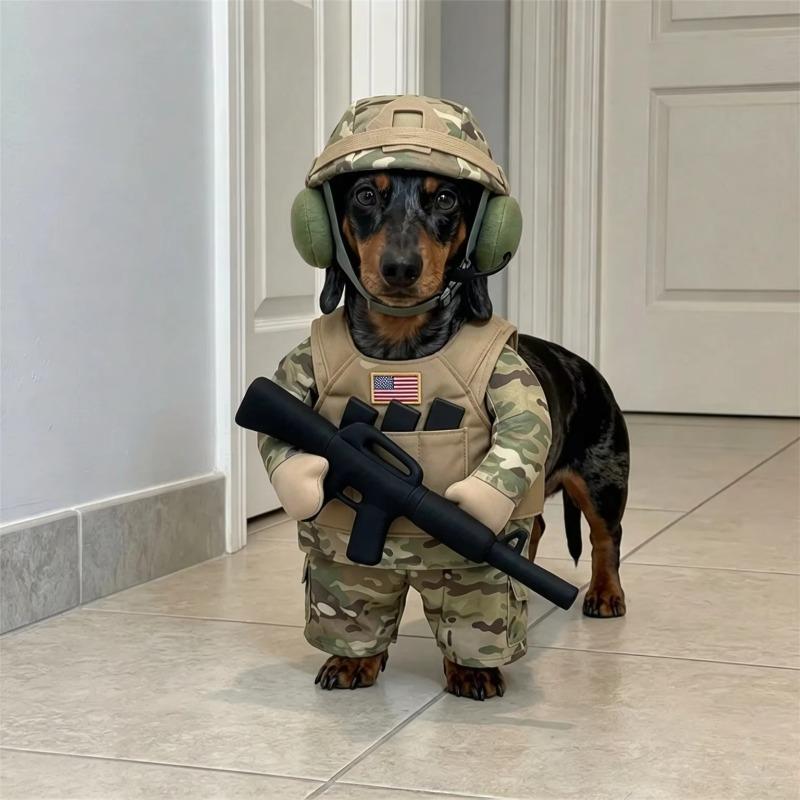 Dog Military Costume Cute Camouflage Soldier Pet Outfit with Tactical Vest Hat and Plush Prop for Puppy Party