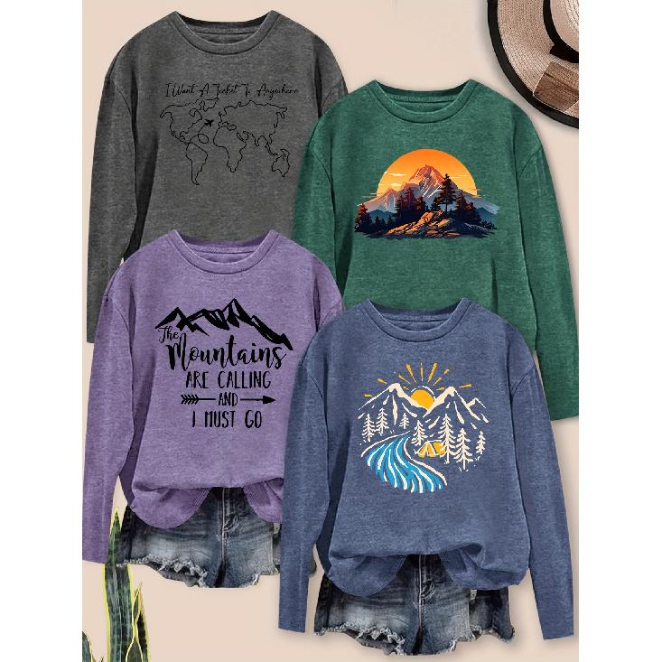 Elegant women's long-sleeve top with beautiful scenery and letter combination pattern print, round neck, suitable for spring, summer, autumn, and