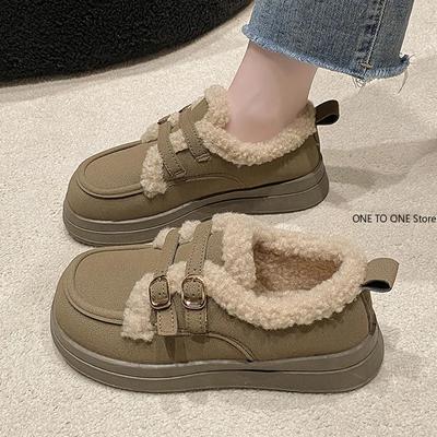 Женские туфли-сабо на платформе с круглым носком, с мехом, повседневные женские кроссовки, криперы, зимние, ретро, новые, без застежек, из цельной резины, с пряжкой