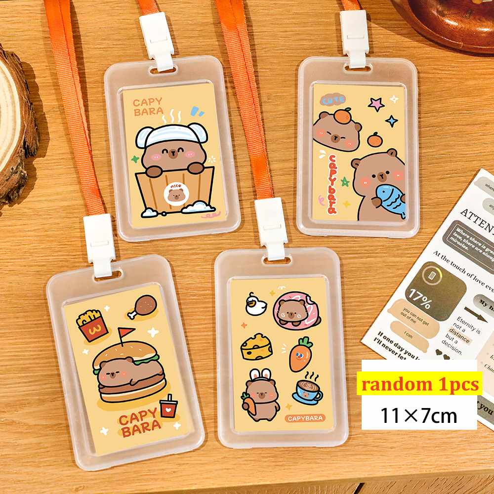 Transparent Campus Card Case With Capybara Name Information Card Student Meal Card Bus Card Holders Lanyards ID Credit Card Hold