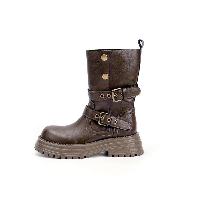 Thick-soled medium tube knight boots 2026 new autumn and winter Maillard belt buckle heightened retro British style short boots children