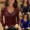 Women's Fashion Sexy Lace Hot Drilling Long Sleeve Solid Color Pullover Tops