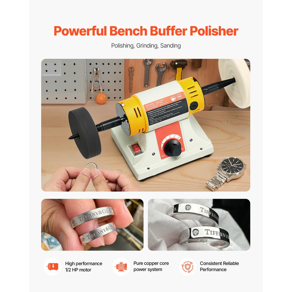 SucceBuy Bench Buffer Polisher 1/2HP 0 to 8000RPM with 4"Cloth Wheel 3"Grinding Wheel 3"Fiber Wheel for Metal Jewelry Plastic