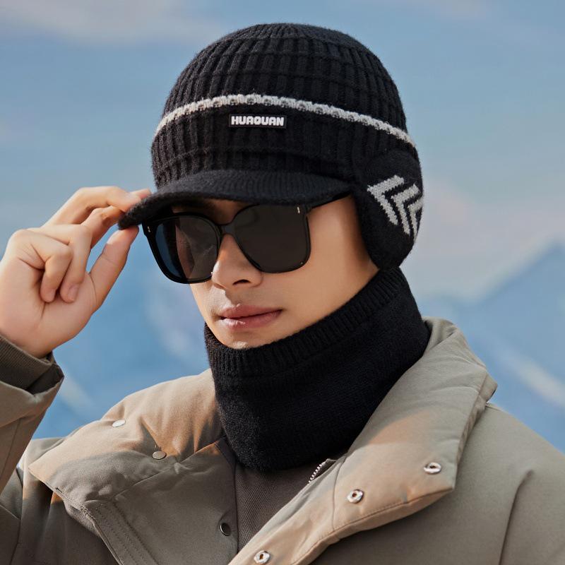 Men's Korean Style Knitted Wool Winter Hat & Velvet Earmuff Scarf Set for Cycling