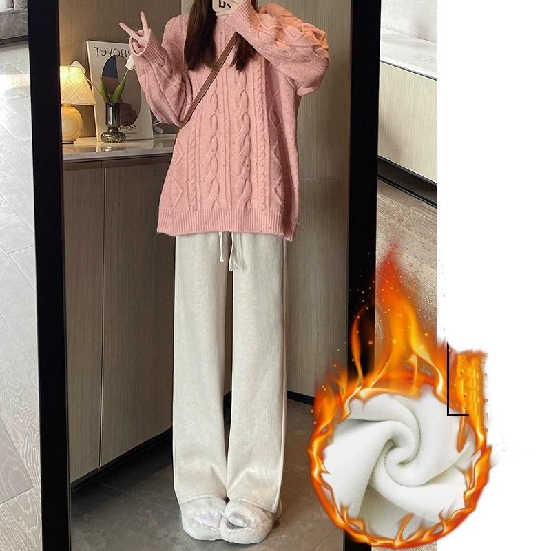 Winter Lady High Waisted Fleece Pants Girls Warm Thermal Straight Leg Trousers Female Classic Solid Drawstring Pants