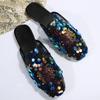 Fashion Women Casual Shoes Sequin Decoration Slipper Square Toe Flat Bottom Comfortable Platform Sandals Slides Outdoor Beach Slippers