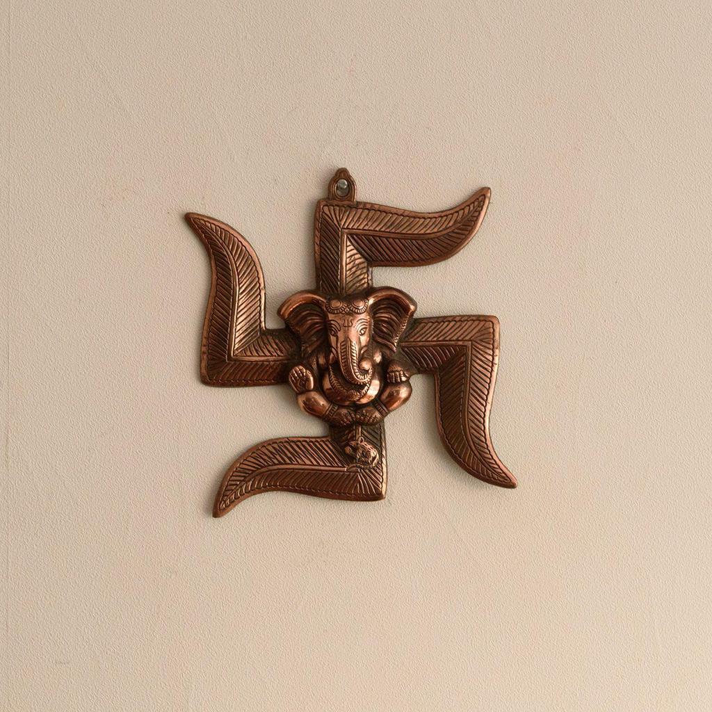 Lord Ganesha On Swastik Metal Wall Hanging (22 Cm X 3 Cm X 24 Cm, Brown)