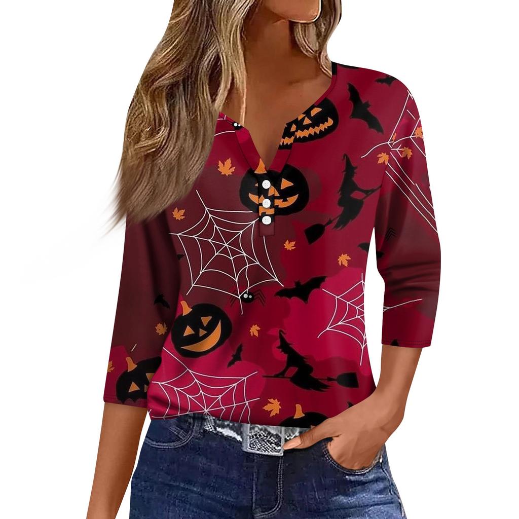 3/4 Length Sleeve Womens Tops Floral Halloween Print Vintage Fashion Casual Loose With V Neck Plus Size Shirts