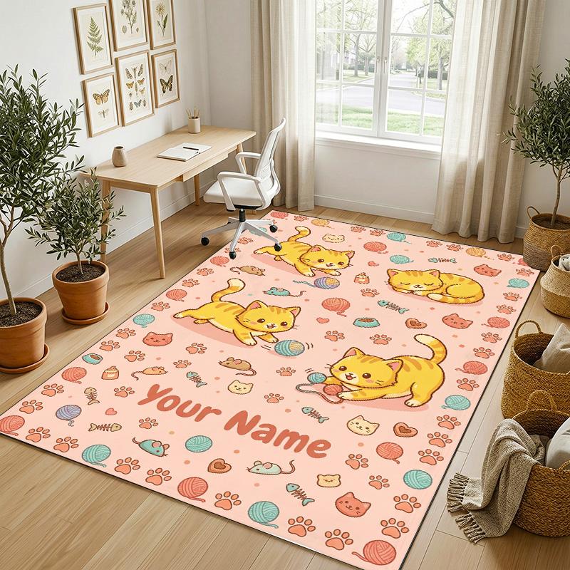 Kittens Theme Soft Crystal Velvet Rug Custom Name & Text Print Non Slip Floor Rug for Bedroom Living Room