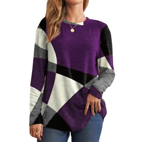 Women Tops Round Neck Long Sleeve Contrast Color Geometric Print Loose Fit Tee Shirt Casual Pullover Tops