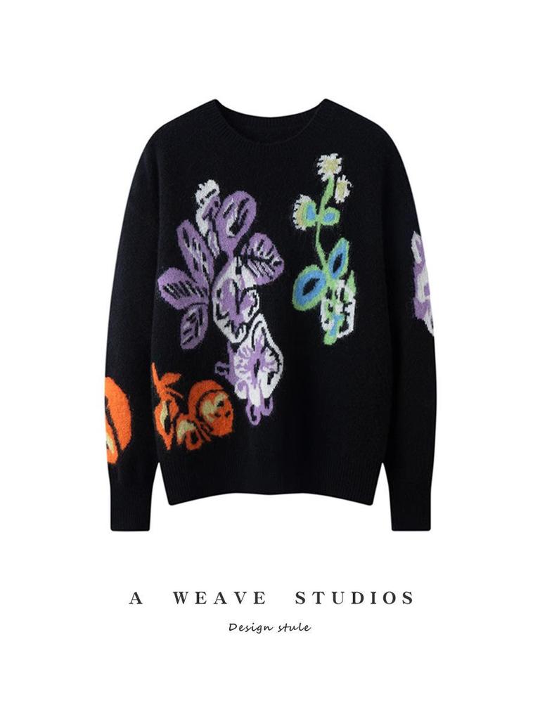 2025 A/W Floral Jacquard Cashmere Women's Embroidered Pullover Sweater