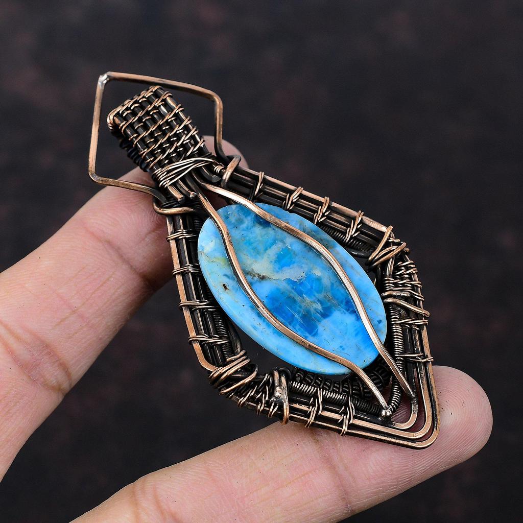 Кулон с неоновым апатитом, медная проволока, кулон, драгоценный камень, медные украшения, этнический кулон ручной работы, обернутый проволокой, ювелирные изделия с неоновым апатитом для подарка