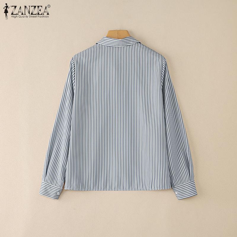ZANZEA Женская повседневная блузка в полоску с отложным воротником и свободными длинными рукавами