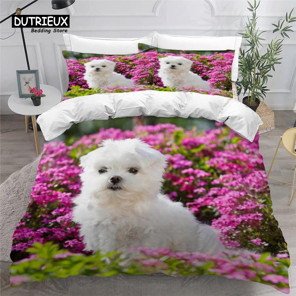 Cute Maltese Dog Duvet Cover Set Pet Dogs Theme Bedding Set Microfiber Kawaii Animal Comforter Cover Twin King For Kids Teens