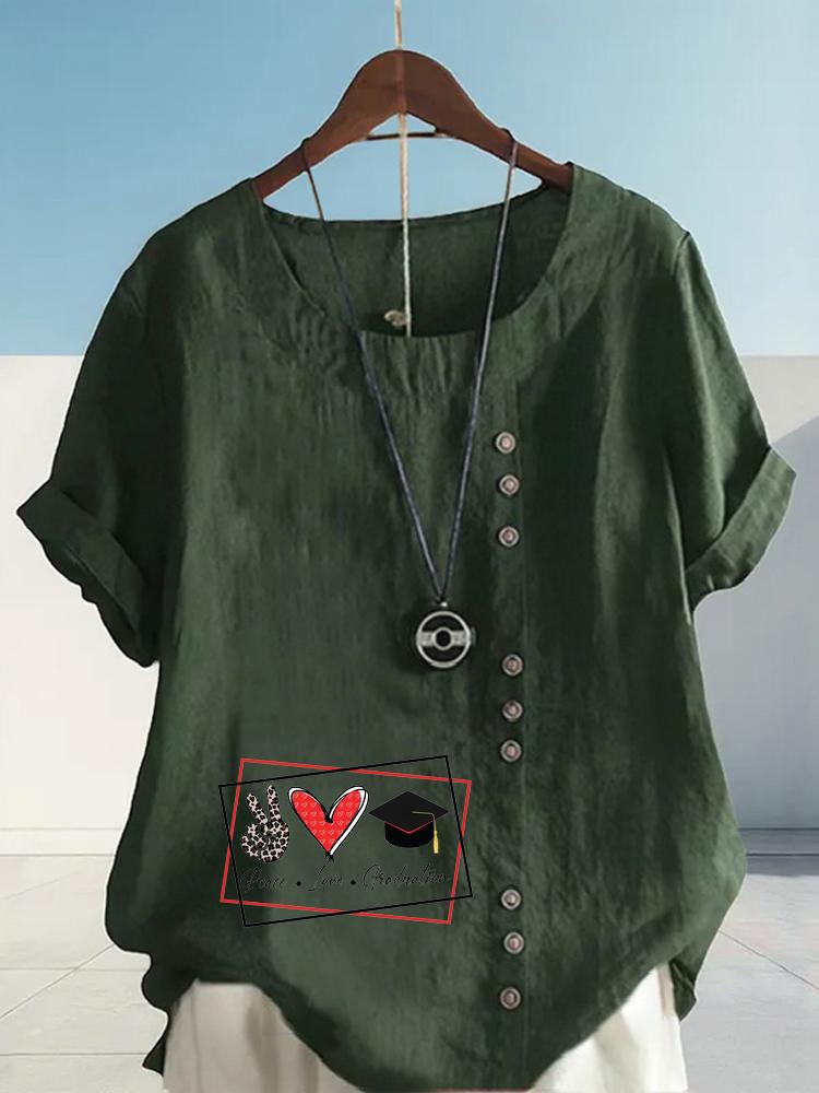 Women's Fashion Love Print Shot Sleeve T-shirt Loose Cotton Shirt Casual Loose Summer Blouse Tops Plus Size
