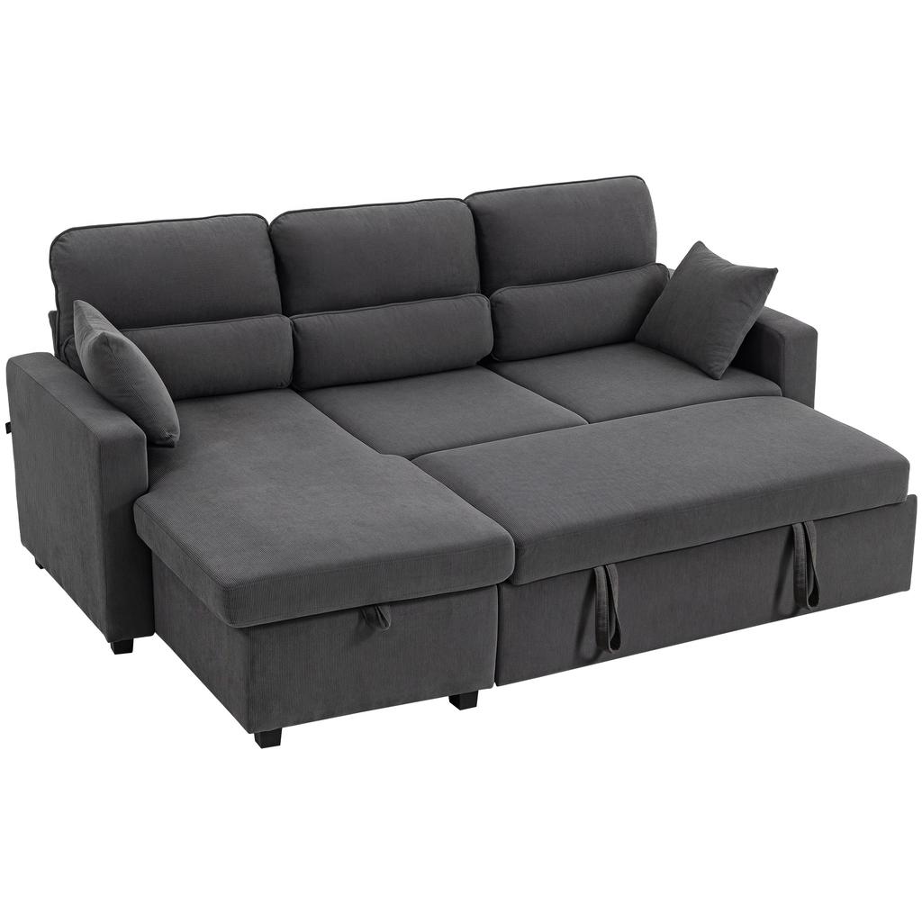 Corner Sofa Bed, Corduroy, 3-Seater, Hidden Storage, Cushions, 205 x 135 x 76 cm, Grey