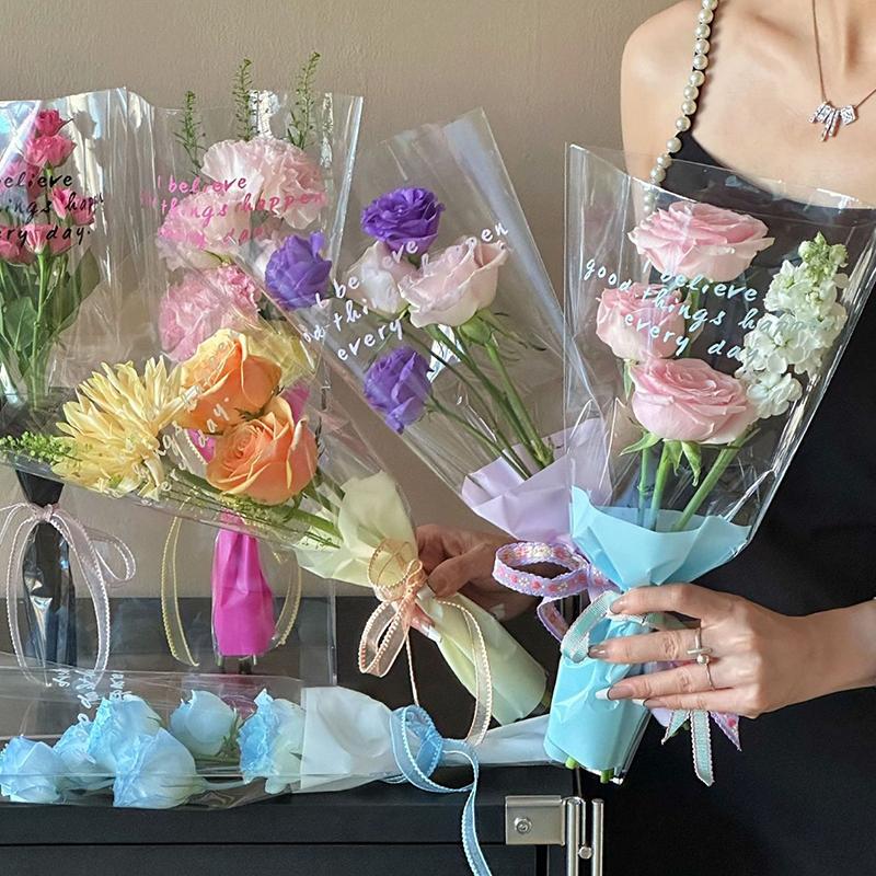 10Pcs Single Rose Sleeves Flower Wrapping Bag Bouquet Packaging Bags Clear Cellophane Floral Wrappers For Valentine'S Day