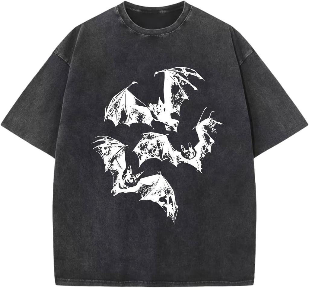 Pairxily Большие мужские футболки с принтами Летучая мышь Винтажная рубашка Streetwear Хлопковая футболка с кислотной стиркой Свободные топы Y2k с коротким рукавом