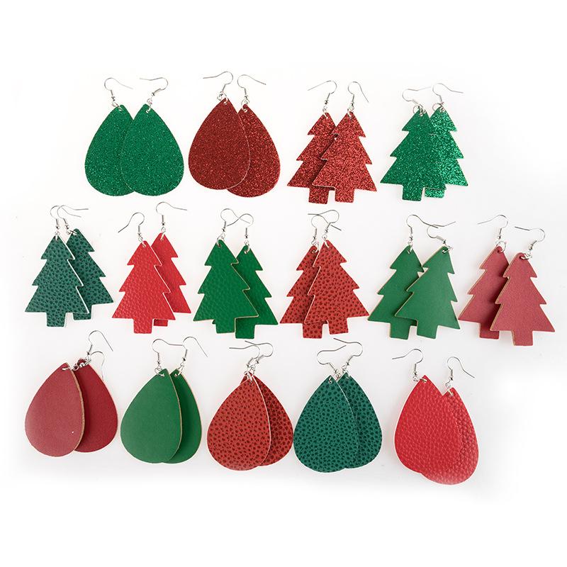 Cross-border Christmas Tree Double-sided PU Leather Teardrop Earrings