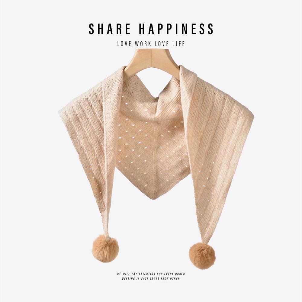 Women's Scarf New Korean Design Hairball Hollow Small Shawl Sweet Girl Cute Accessories Triangle Knitted Warm Wool Scarf