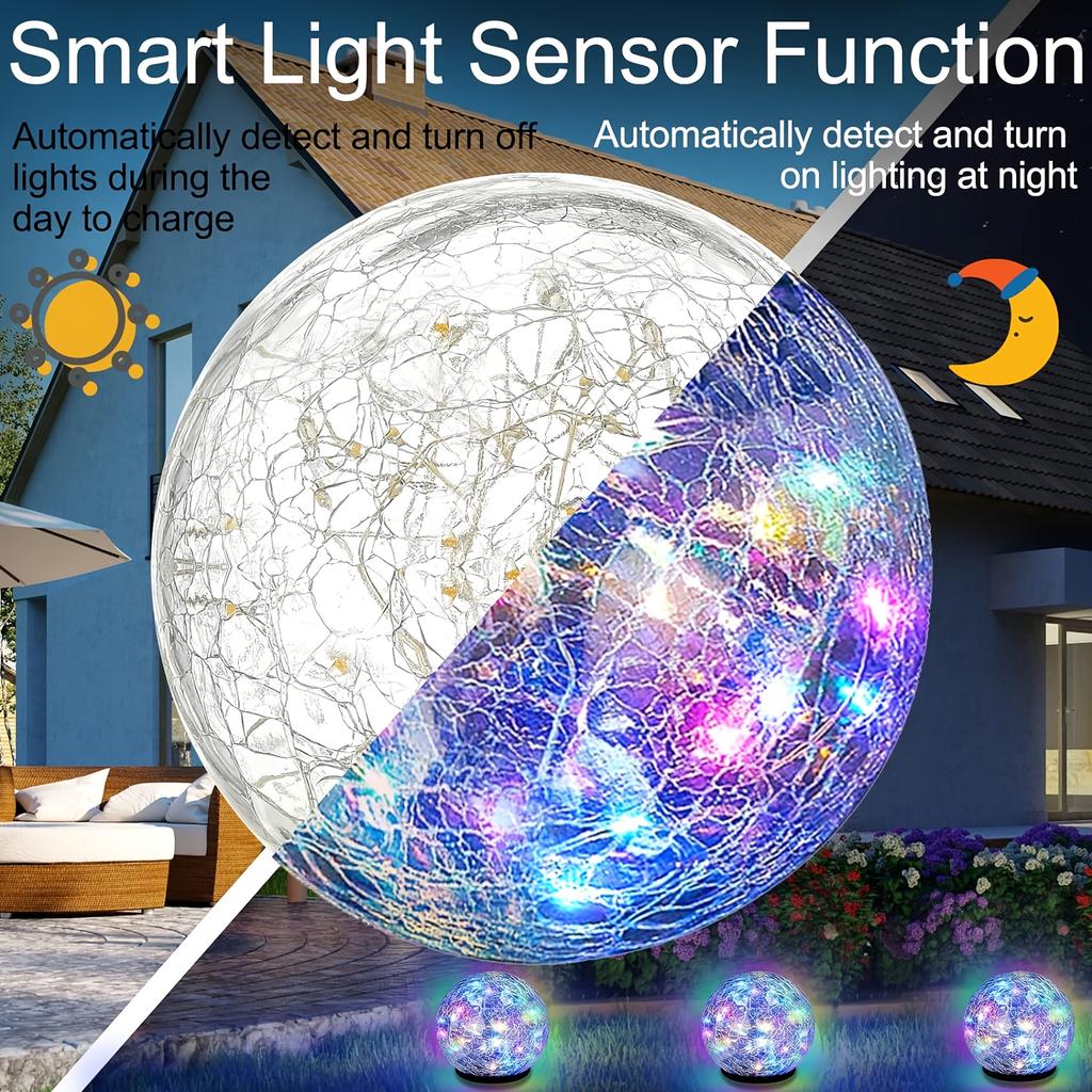 Solar Garden LED Glass Globe Lights, Cracked Glass Decorative Lights, Outdoor Waterproof, For Patio Lawn Gazebo Tabletop Holiday Event Decoration