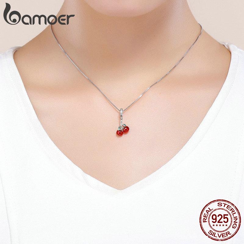 BAMOER модный кулон из стерлингового серебра 925 пробы с фруктами и красной эмалью вишни, подвеска, подходящий для женщин, браслеты