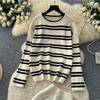 Осень Зима Женский Повседневный Полосатый Вязаный Свитер Брюки Комплект из двух предметов Пуловер с длинным рукавом Топы и Брюки с широкими штанинами Спортивный костюм